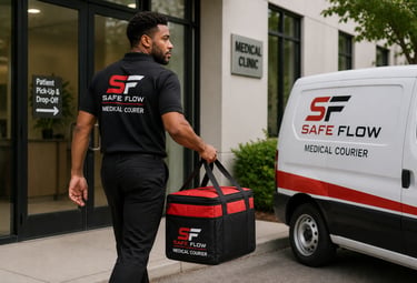 A Safe Flow medical courier carrying a thermal delivery bag from a white transport van into a medical clinic.
