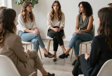 A smiling woman participating in a supportive peer group session.