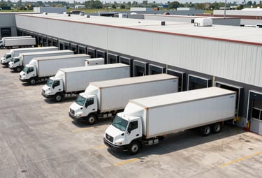 A clean and organized loading dock at a major North American logistics hub. Several white freight trailers are parked at high-tech bays under bright, professional midday sunlight.