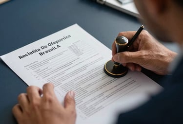 Close-up of South American / Brazilian legal professionals reviewing official social security documents and stamps. The lighting is focused and warm, showing attention to detail. Dark blue and light grey tones dominate the professional scene.