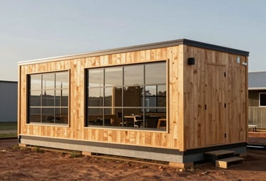 A wide-angle shot of a custom modular timber site office with large windows, installed in a South African commercial yard, showcasing professional modern craftsmanship.