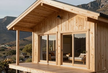 A professional architectural photograph of a luxury timber cabin with a wide veranda, featuring light sand beige wood finishes, set against a scenic South African mountain backdrop.