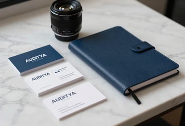 A set of professional brand identity materials, including business cards and a notebook with AUDITYA GROUP branding, placed on a white marble desk.