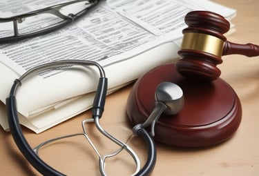 Modern office space with legal books and a laptop on a clean white desk.