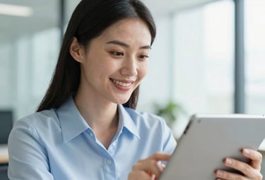 A close-up shot of a professional woman smiling confidently while looking at a tablet in a bright office environment. The color palette includes soft blue-white and teal accents.