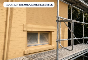 Travaux d’isolation extérieure avec échafaudage et finition façade