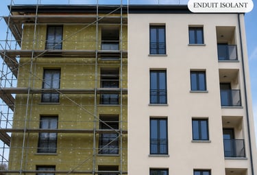 Isolation thermique par l’extérieur – chantier en cours avec enduit isolant