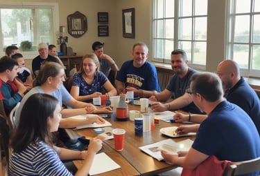 Image of families and friends sharing a meal and laughter after service.