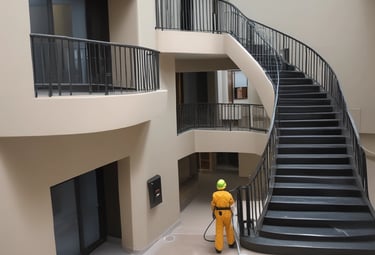 A worker cleaning large glass windows on a modern building facade.