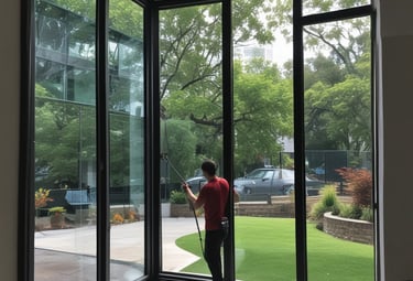 A worker cleaning large glass windows on a modern building facade.