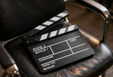 A minimalist, elegant clapperboard resting on a leather seat on a film set, cinematic lighting with subtle gold highlights, professional and sophisticated, Global / Western.