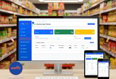 A grocery store management software dashboard displayed on a desktop computer, tablet, and smartphone.
