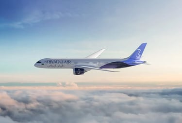 Riyadh Air plane in the sky.