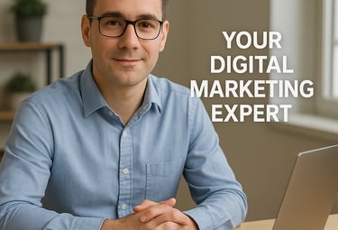 Digital marketing expert sitting at a desk with a laptop and analytics charts