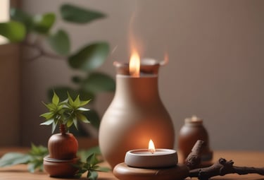 Softly glowing candles and a crystal ball resting on a minimalist wooden table under starry constellation lights.