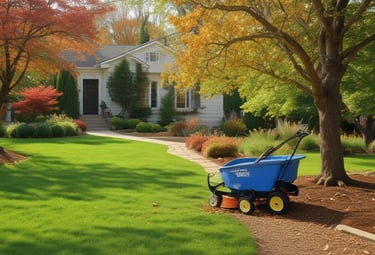 A technician applying fertilizer evenly across a lush green lawn on a sunny day.