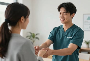A compassionate scene of community support, showing a volunteer offering assistance to an individual in a warm, dignified indoor setting. The shot is medium-range, clean and sophisticated, with a color palette emphasizing soft greys (#A2B2AE) and deep teals (#3D5B5F) to evoke integrity and care.