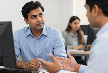 A mentor guiding a student through jewelry design software on a laptop.
