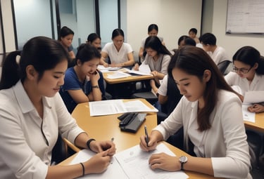 A dimly lit indoor scene showing several people from the back, with a desk in the background featuring a potted plant. A sign in Chinese characters and reading 'Passenger Transport Office' is visible above.