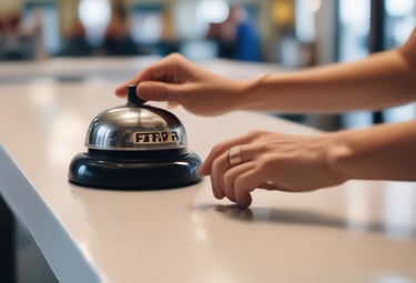 a lady ringing a service bell on a counter