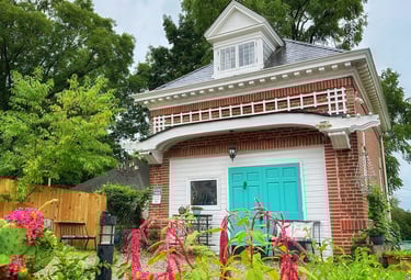 a house with a blue door and a blue door