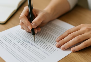 Close-up of woman editing printed business award nomination