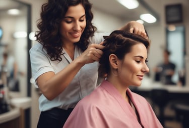 A hair salon with a person sitting on a chair, facing away, getting their hair styled or cut by a stylist. The salon has a modern and clean interior with a counter at the back, shelves with various products, and large plants in the foreground. There is another person in the background behind the counter, possibly an employee.