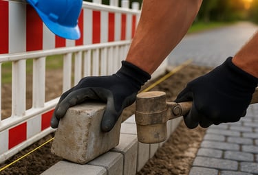 Arbeiter setzt Bordstein mit Hammer – UFT Bau GmbH Verkehrs­infrastruktur Berlin
