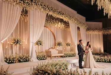 a bride and groom standing in front of a stage
