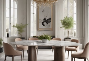 A collection of handcrafted items sits on display. The setup includes a variety of objects such as bowls, trays, and a hanging lamp, all of which have a fur or leather-like texture. The scene is warmly lit, enhancing the natural materials of each item. Wooden utensils with a dark finish are suspended next to the lamp.