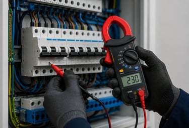 Diagnostic et contrôle d’un tableau électrique avec un multimètre par un électricien qualifié.