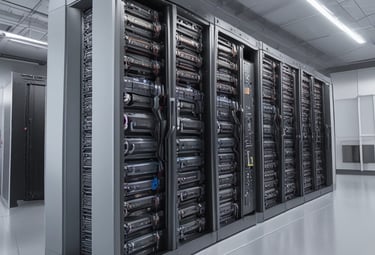 A room with a tiled ceiling and fluorescent lighting contains various electronic and office equipment. On the left, there's a wooden desk with a black server cabinet next to it. In the center of the room, a rack of network cables is visible, organized into a larger unit. To the right, a filing cabinet is mounted on the wall, with a printer/copier machine near the foreground. The walls are plain and the floor is covered in white tiles.