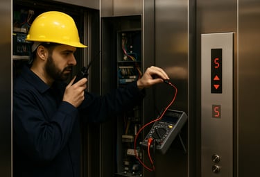 écnico en respuesta rápida ante falla de elevador, brindando soporte técnico disponible 24/7