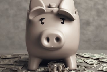 A person holding a smartphone displaying a financial app with a graph and balance information. The phone has a black case, and the interface shows details such as investment totals and changes. The background consists of a wooden table.