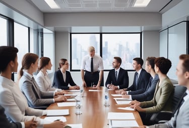 A team brainstorming session with charts and graphs.