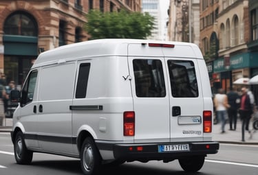 A medical courier driving a van through a busy urban area.