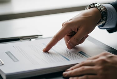 A consultant pointing at a candidate's portfolio