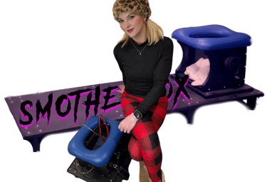 Haley sitting on her smotherbench, showing off her smotherbox