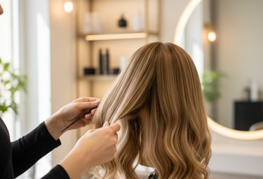 a woman is getting her hair cut by a hairdresser