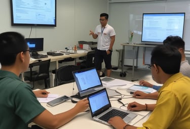 Group of instructors discussing professional development materials in a bright training room.