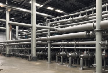 A spacious industrial workshop with various pieces of machinery and equipment organized throughout the area. The floor is a bright blue, and several large machines are positioned around the space, including a metal press and a Euromac machine. Overhead, there are support beams and lighting fixtures, and a yellow overhead crane system is visible. The walls are white with large windows, and there are several workbenches around the area. A few people are working in the background.