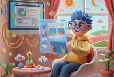 A 3D cartoon boy with blue hair and glasses works on a transparent UI/UX design interface in a color