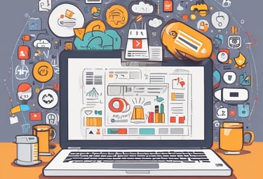 An abstract, pastel-colored, 3D-rendered representation of data analysis and search engine optimization (SEO). The image features a computer interface with various analytics symbols, including a magnifying glass, bar charts, pie charts, and a search bar with the text 'SEO'. Surrounding the interface are different objects such as a potted plant, a cup with a saucer, and a megaphone, all placed on a light green background.