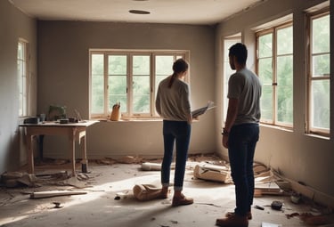 Two people are inside a room that is under removel.