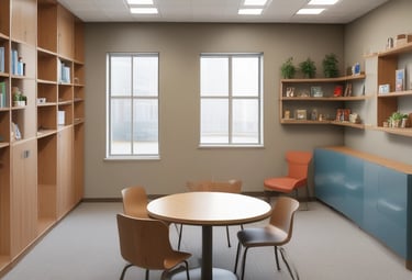 A chain-link fence encloses an area with a brick building to the right, labeled as a mental health facility. In the center, there is a small, bright yellow kiosk or shed with a green roof. The area is grassy with a dirt path leading towards the kiosk, and several trees provide greenery in the background. The sky is clear with a few scattered clouds, suggesting pleasant weather.