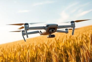 DJI Mini 4 Pro drone vliegt boven een graanveld voor landbouwdata-analyse en precisielandbouw