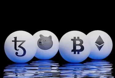 Crypto tokens including Tezos, Dogecoin, Bitcoin, and Ethereum floating on reflective surface