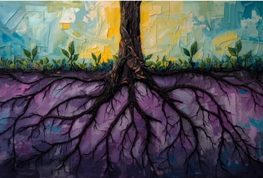 Underground roots with small shoots, symbolising connection & renewal through couples counselling