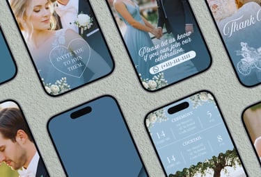 Elegant digital wedding invitation suite displayed on multiple blue smartphone screens.
