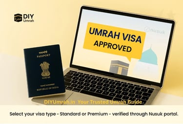 Standard or Premium Umrah visa approval displayed on laptop screen next to Indian passport